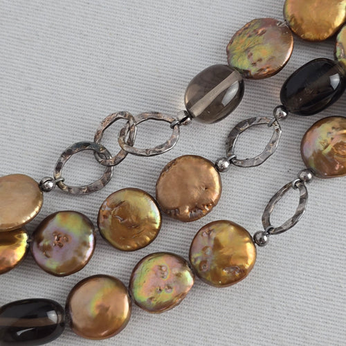 Silpada B1850 Bronze Coin Pearl Smoky Quartz 925 Sterling Silver 3-Strand Bracelet