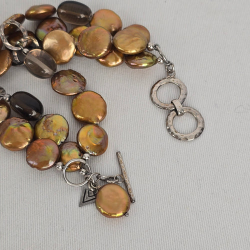 Silpada B1850 Bronze Coin Pearl Smoky Quartz 925 Sterling Silver 3-Strand Bracelet