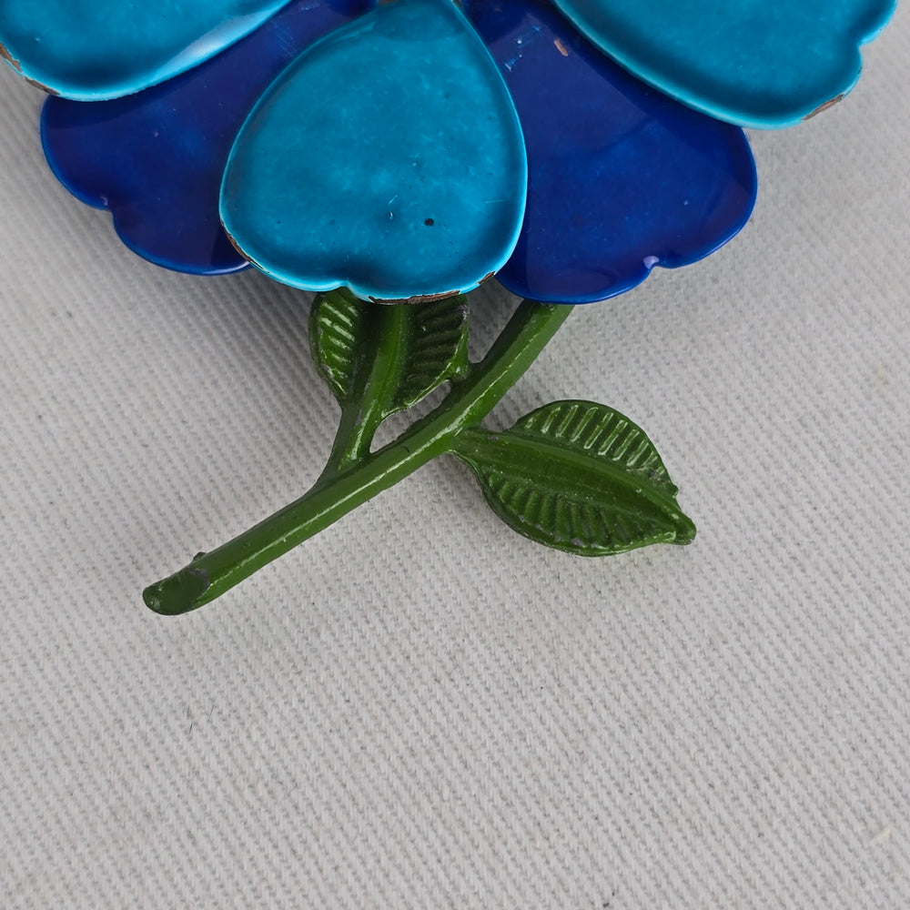 Vintage 1960s 1970s Blue Enamel Layered Flower Brooch – Mod Floral Pin