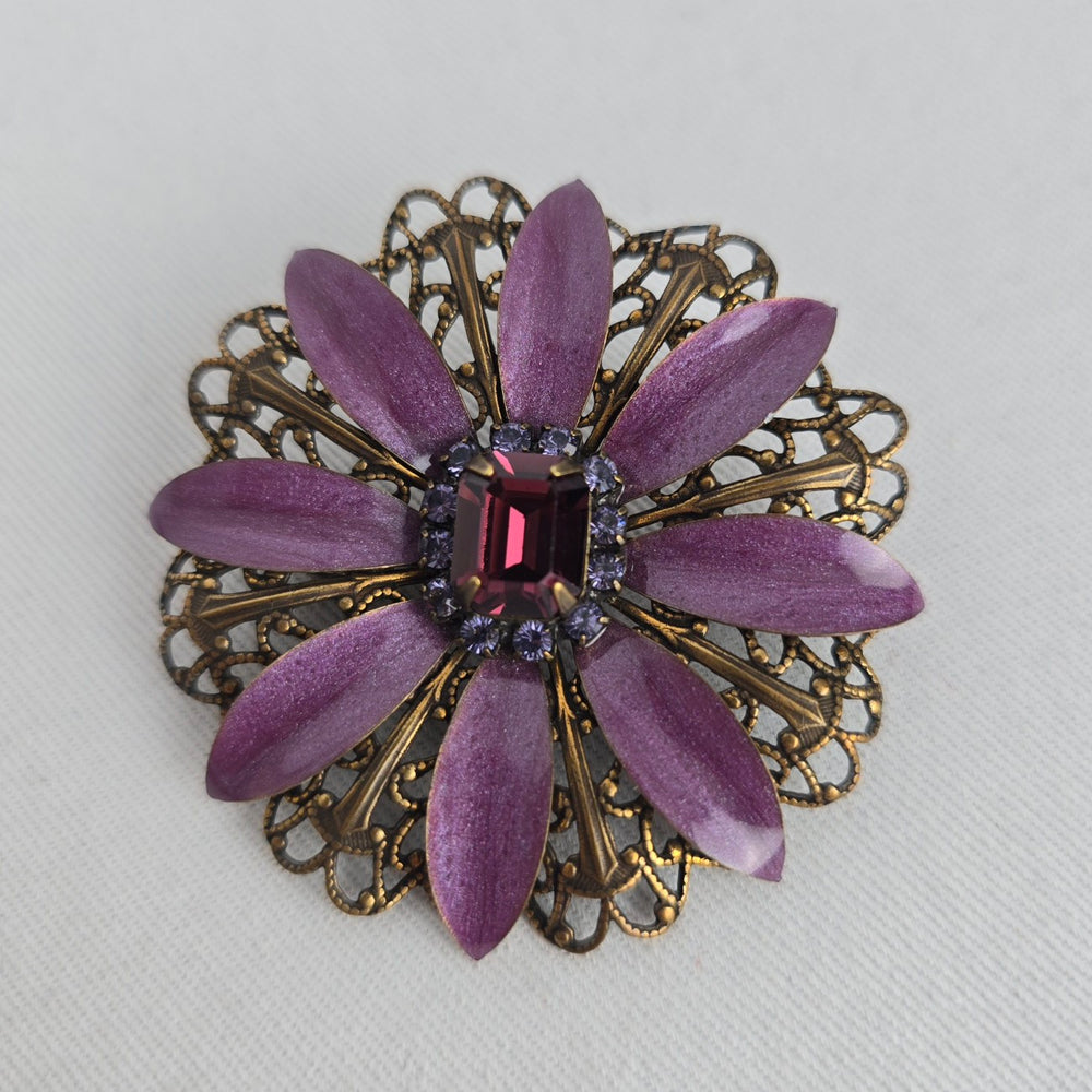 Liz Palacios S.F. Purple Floral Rhinestone Filigree Statement Brooch Pin