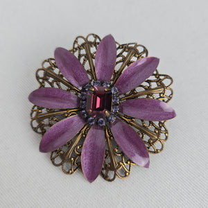 Liz Palacios S.F. Purple Floral Rhinestone Filigree Statement Brooch Pin
