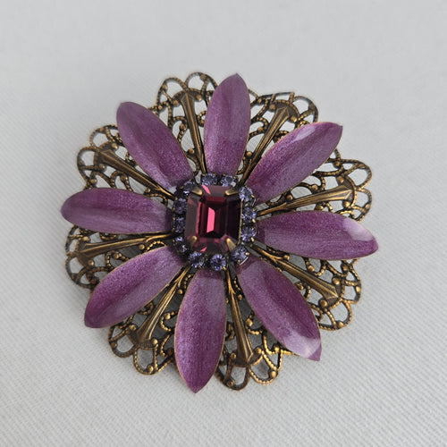Liz Palacios S.F. Purple Floral Rhinestone Filigree Statement Brooch Pin