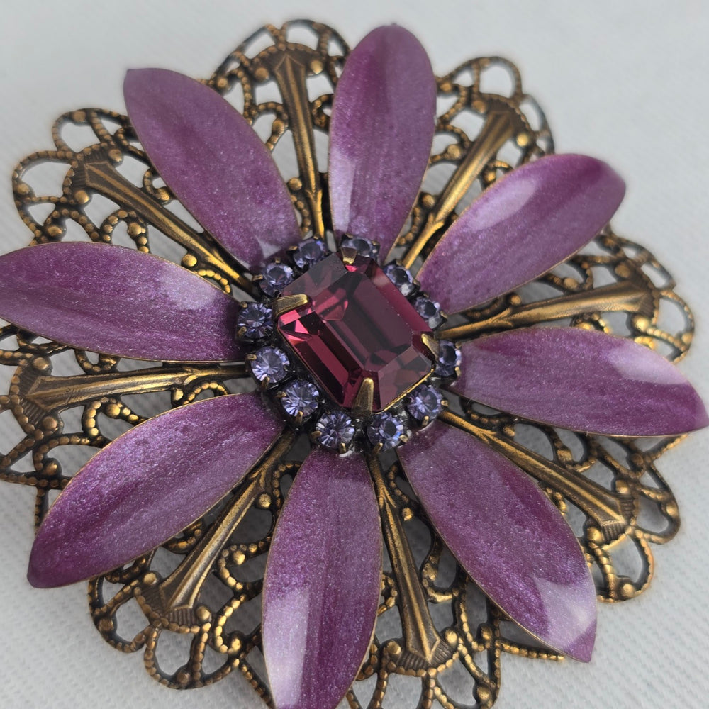 Liz Palacios S.F. Purple Floral Rhinestone Filigree Statement Brooch Pin