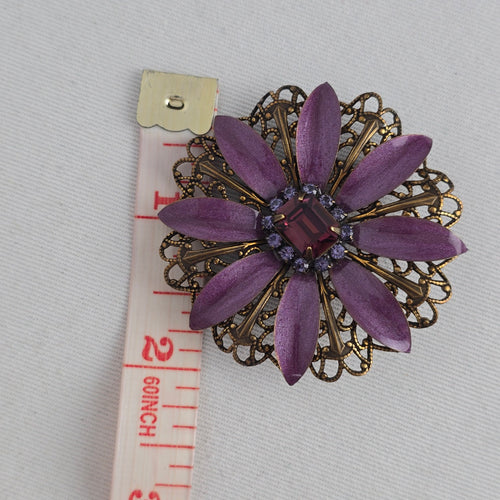 Liz Palacios S.F. Purple Floral Rhinestone Filigree Statement Brooch Pin