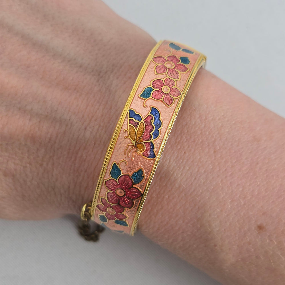 Vintage Gold Tone Cloisonné Enamel Butterfly Floral Hinged Bangle Bracelet