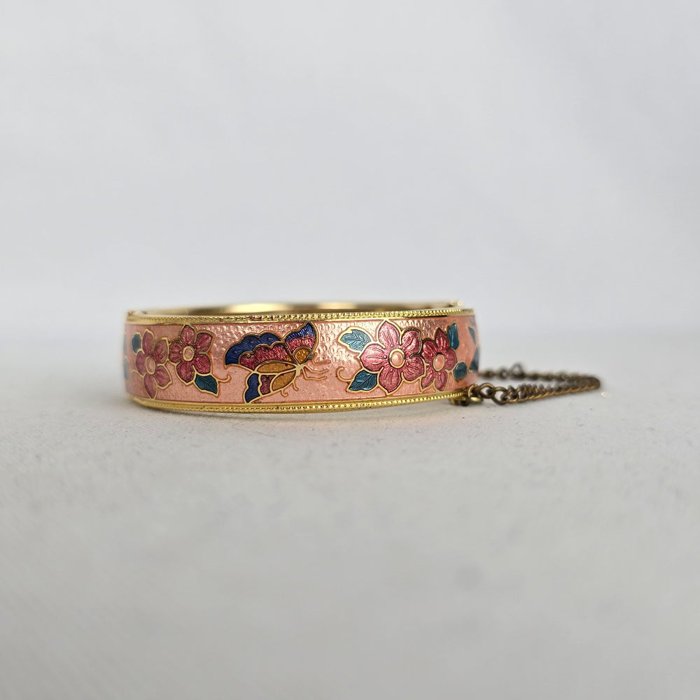 Vintage Gold Tone Cloisonné Enamel Butterfly Floral Hinged Bangle Bracelet