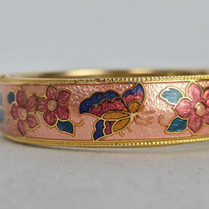 Vintage Gold Tone Cloisonné Enamel Butterfly Floral Hinged Bangle Bracelet