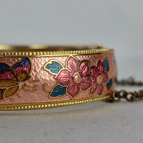 Vintage Gold Tone Cloisonné Enamel Butterfly Floral Hinged Bangle Bracelet