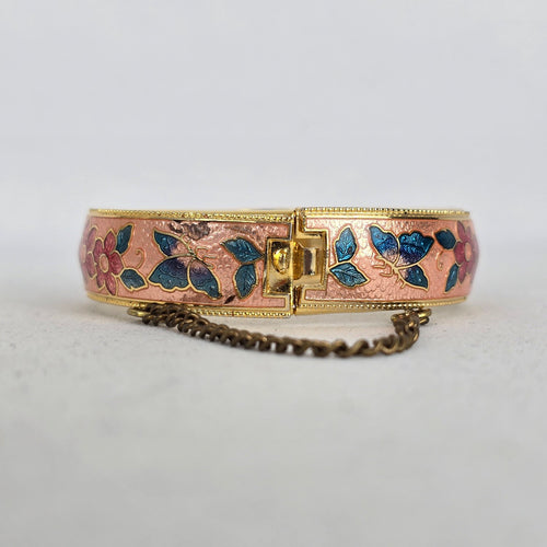 Vintage Gold Tone Cloisonné Enamel Butterfly Floral Hinged Bangle Bracelet