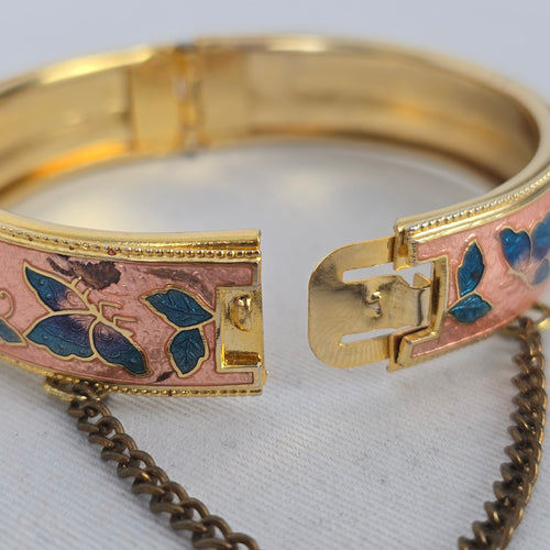 Vintage Gold Tone Cloisonné Enamel Butterfly Floral Hinged Bangle Bracelet