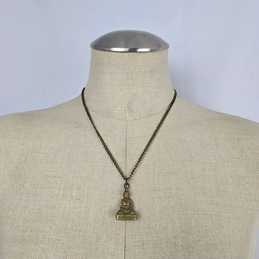 Vintage Gold Tone Buddha Pendant Necklace Antique Brass Chain