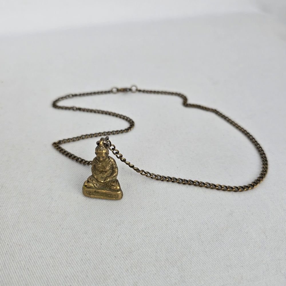 Vintage Gold Tone Buddha Pendant Necklace Antique Brass Chain
