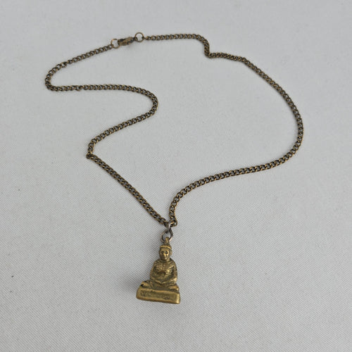 Vintage Gold Tone Buddha Pendant Necklace Antique Brass Chain