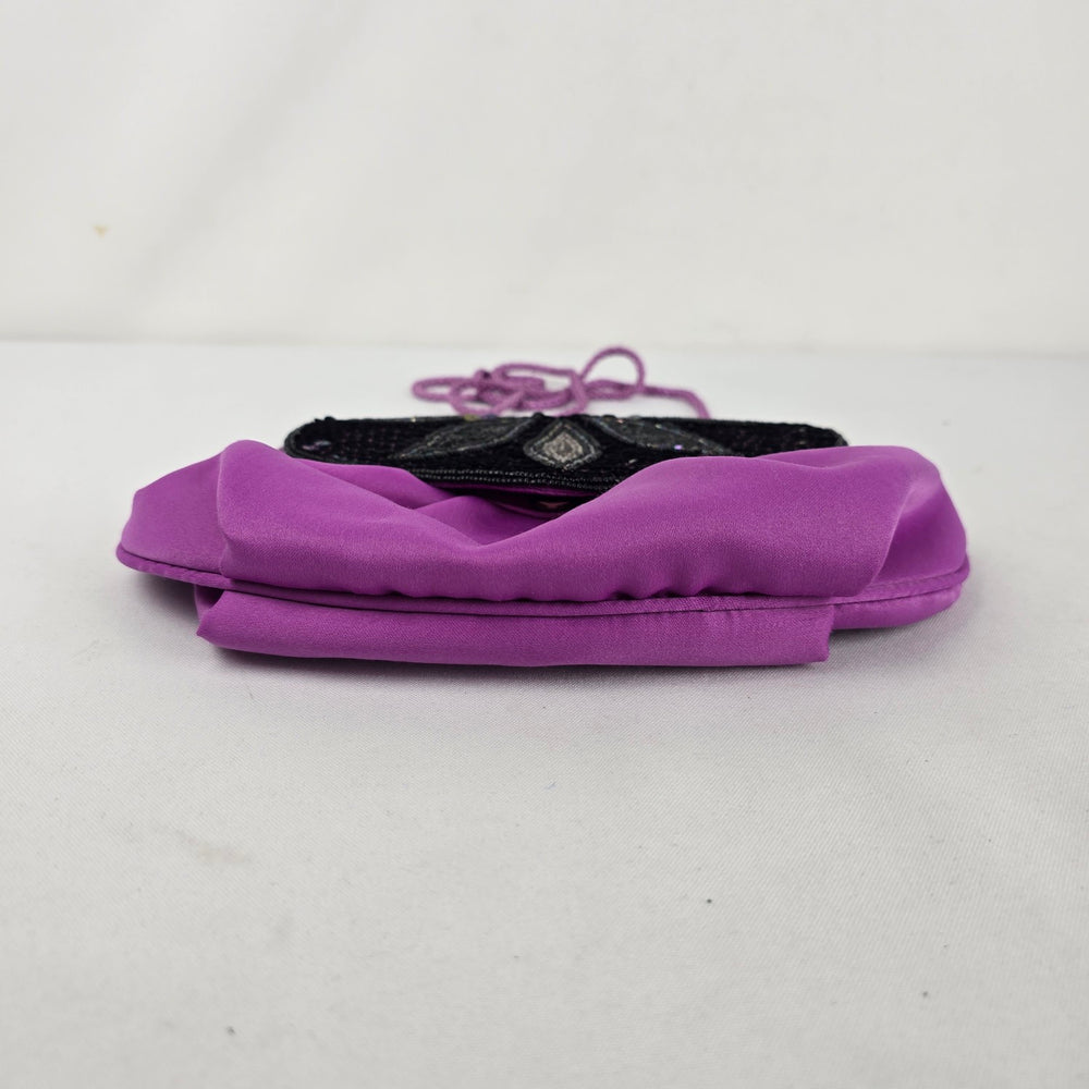 Vintage Purple Satin Beaded Sequin Evening Bag Crossbody Clutch Purse