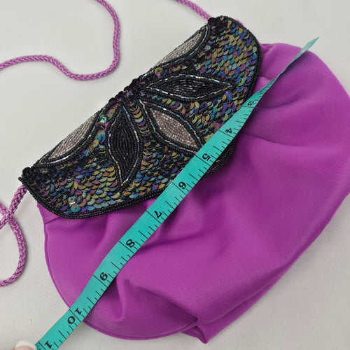 Vintage Purple Satin Beaded Sequin Evening Bag Crossbody Clutch Purse
