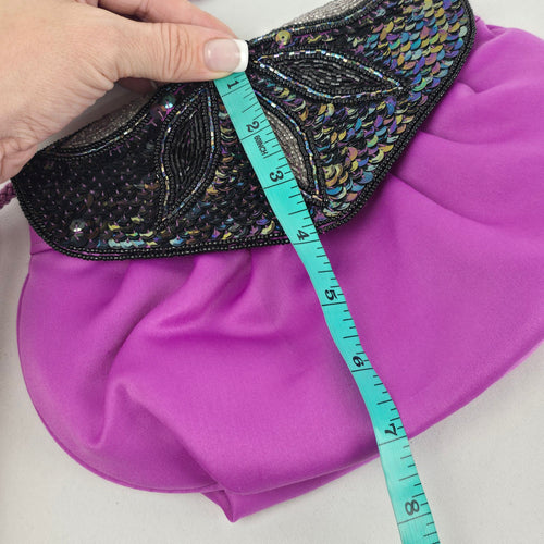Vintage Purple Satin Beaded Sequin Evening Bag Crossbody Clutch Purse