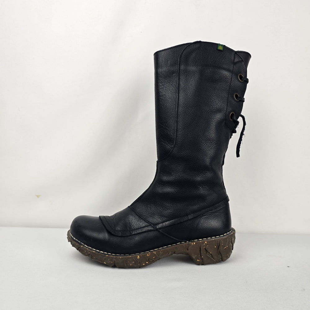 El Naturalista Black Leather Lace-Up Mid-Calf Boots Side Zip - Size 9