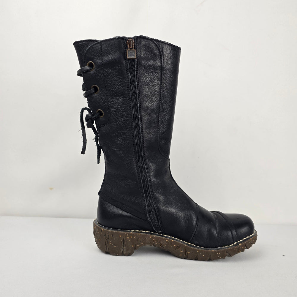 El Naturalista Black Leather Lace-Up Mid-Calf Boots Side Zip - Size 9