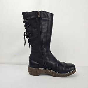 El Naturalista Black Leather Lace-Up Mid-Calf Boots Side Zip - Size 9