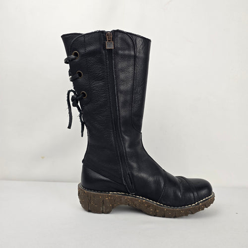 El Naturalista Black Leather Lace-Up Mid-Calf Boots Side Zip - Size 9