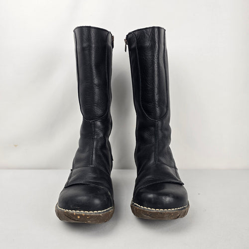 El Naturalista Black Leather Lace-Up Mid-Calf Boots Side Zip - Size 9