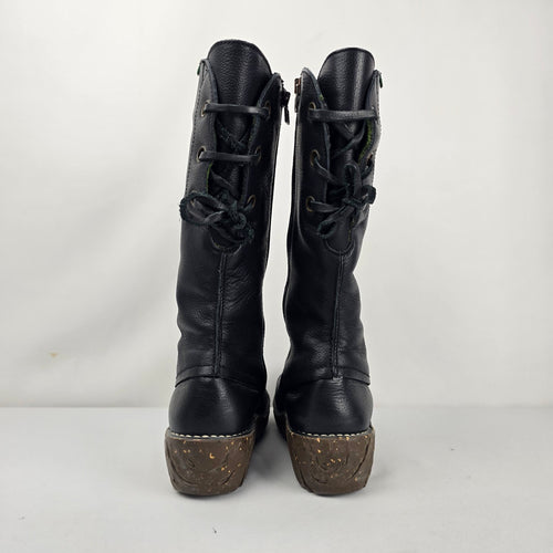 El Naturalista Black Leather Lace-Up Mid-Calf Boots Side Zip - Size 9