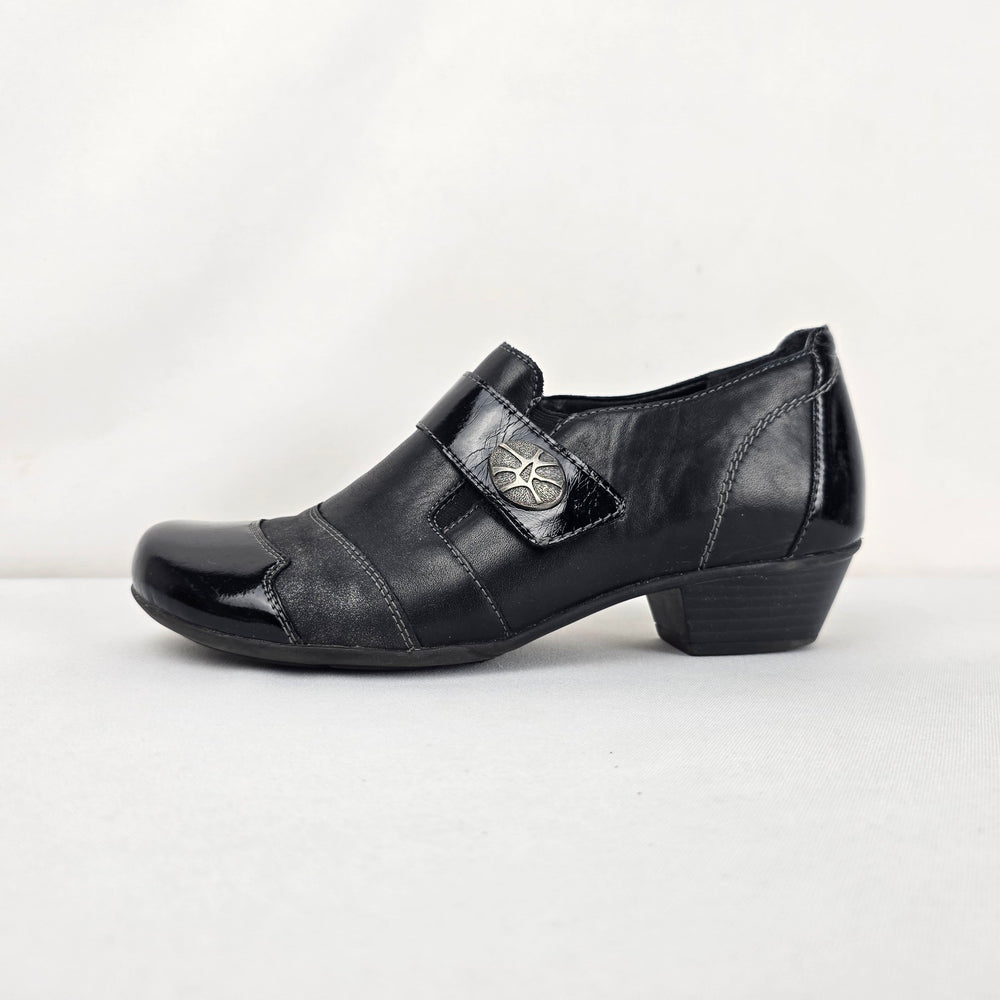 Remonte Black Leather Patent Strap Comfort Shoes Low Heel - Size 6