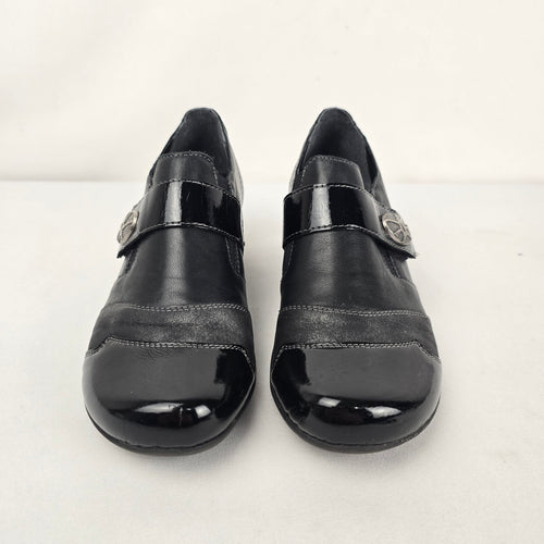 Remonte Black Leather Patent Strap Comfort Shoes Low Heel - Size 6