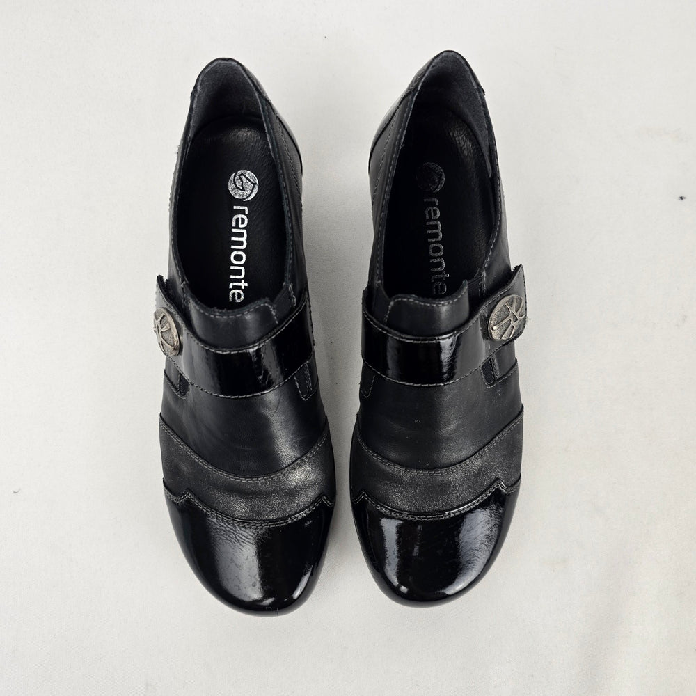 Remonte Black Leather Patent Strap Comfort Shoes Low Heel - Size 6