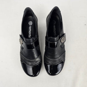 Remonte Black Leather Patent Strap Comfort Shoes Low Heel - Size 6