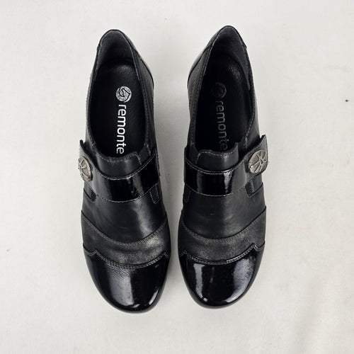 Remonte Black Leather Patent Strap Comfort Shoes Low Heel - Size 6