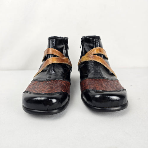 Gamma Davos VIDA Black Patent Leather Patchwork Ankle Boots – Size 7.5