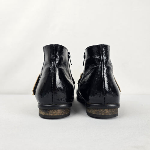Gamma Davos VIDA Black Patent Leather Patchwork Ankle Boots – Size 7.5