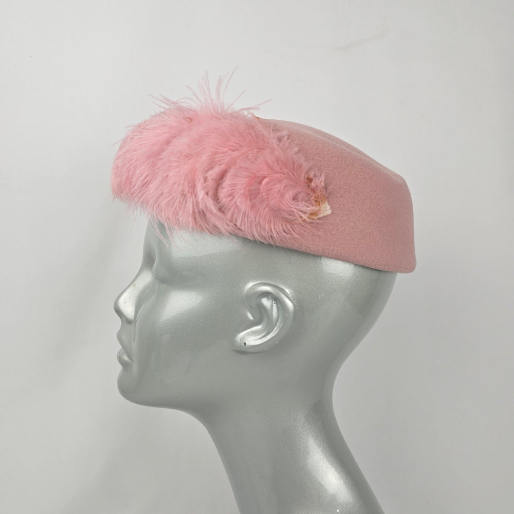 Vintage Personality Model Hat Pink Felt Feather Trim Women's Pillbox Cocktail Hat