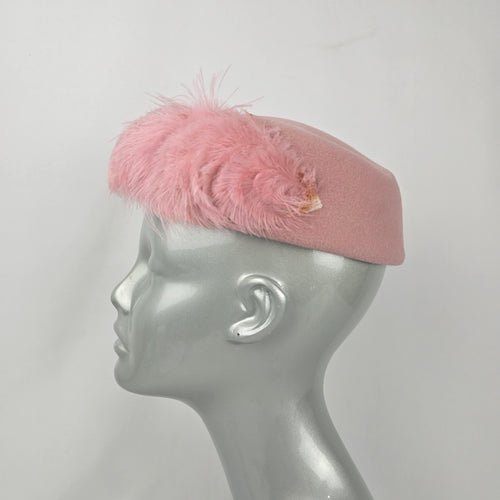 Vintage Personality Model Hat Pink Felt Feather Trim Women's Pillbox Cocktail Hat