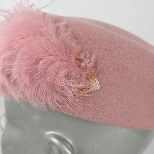 Vintage Personality Model Hat Pink Felt Feather Trim Women's Pillbox Cocktail Hat