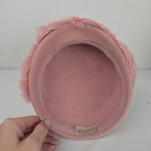 Vintage Personality Model Hat Pink Felt Feather Trim Women's Pillbox Cocktail Hat