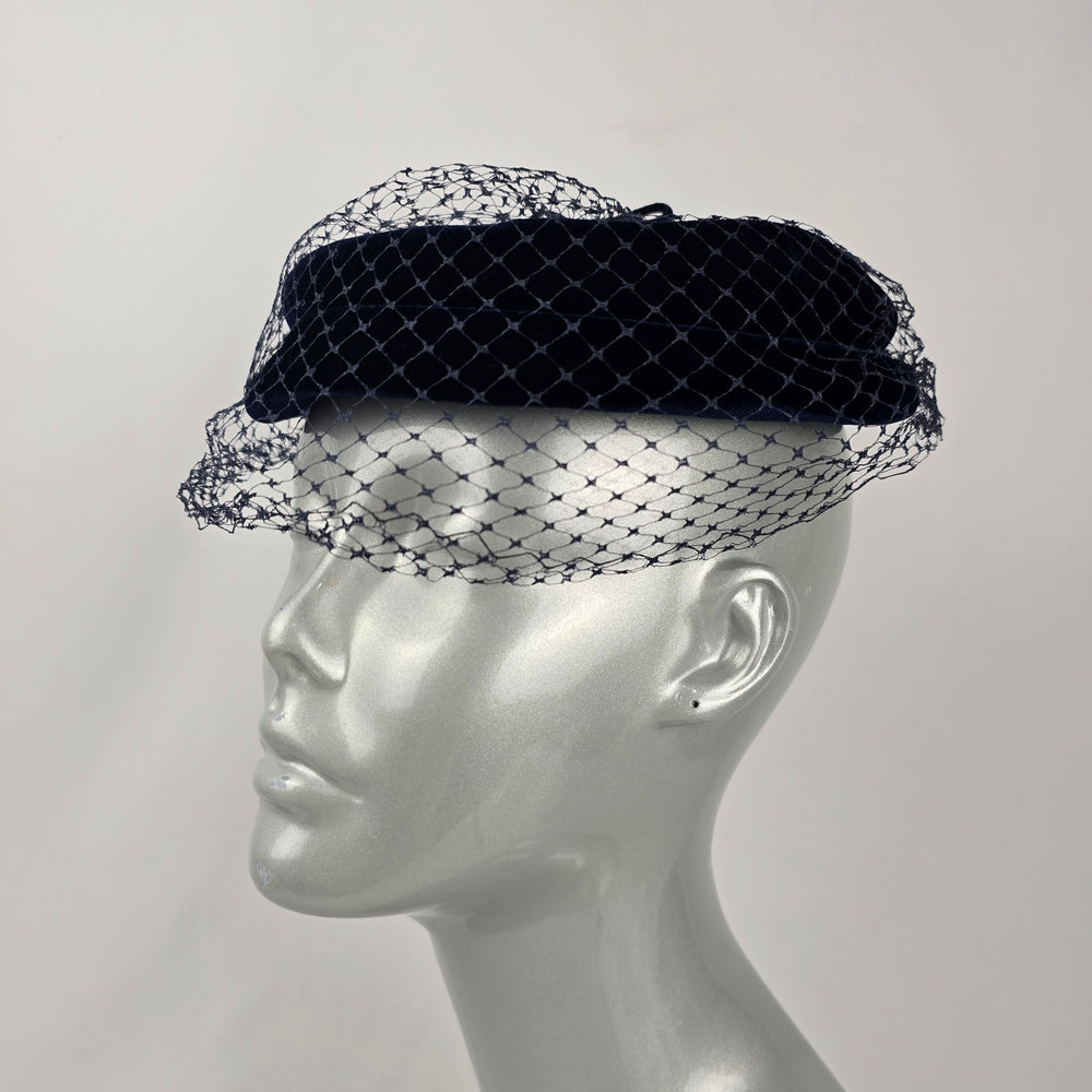 Vintage Navy Blue Velvet Pillbox Hat with Veil Bow Women's Cocktail Fascinator