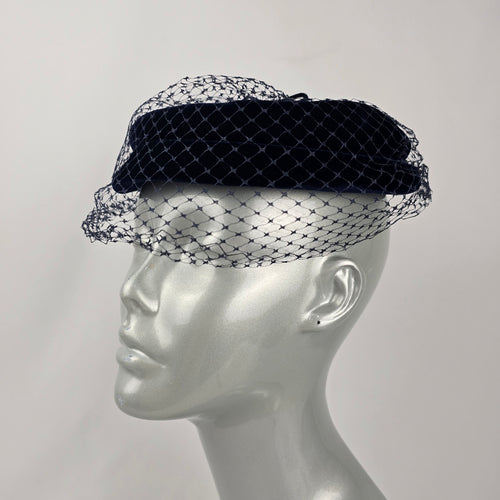 Vintage Navy Blue Velvet Pillbox Hat with Veil Bow Women's Cocktail Fascinator