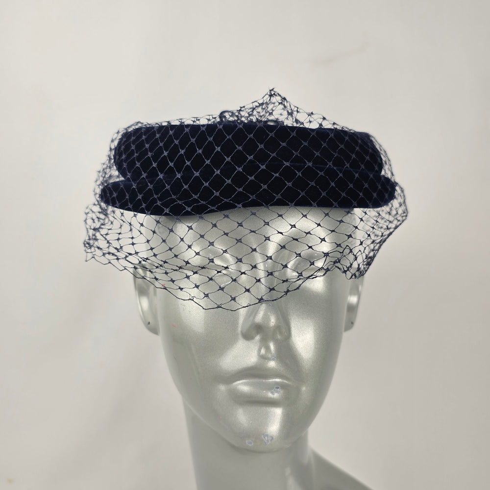 Vintage Navy Blue Velvet Pillbox Hat with Veil Bow Women's Cocktail Fascinator