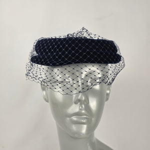 Vintage Navy Blue Velvet Pillbox Hat with Veil Bow Women's Cocktail Fascinator