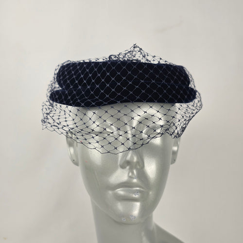 Vintage Navy Blue Velvet Pillbox Hat with Veil Bow Women's Cocktail Fascinator