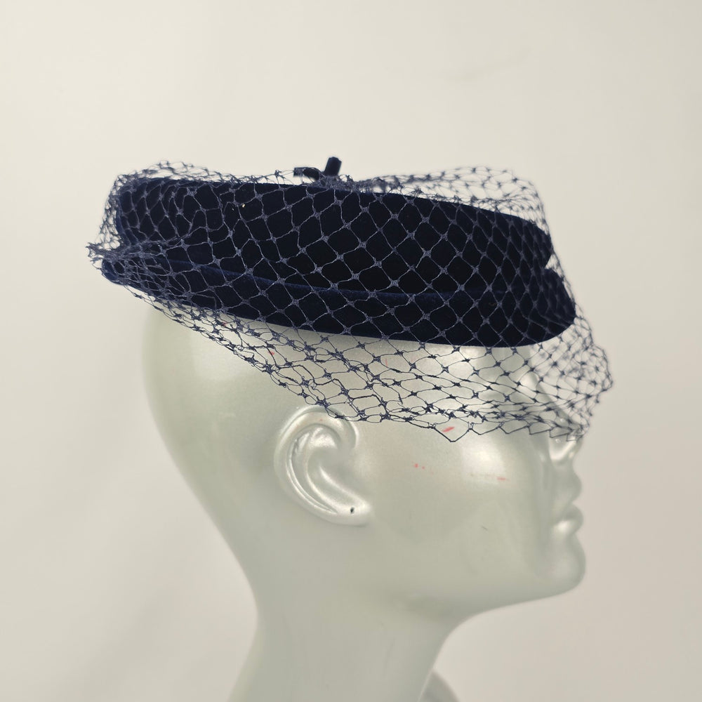 Vintage Navy Blue Velvet Pillbox Hat with Veil Bow Women's Cocktail Fascinator