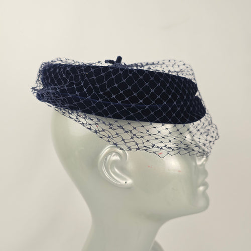 Vintage Navy Blue Velvet Pillbox Hat with Veil Bow Women's Cocktail Fascinator