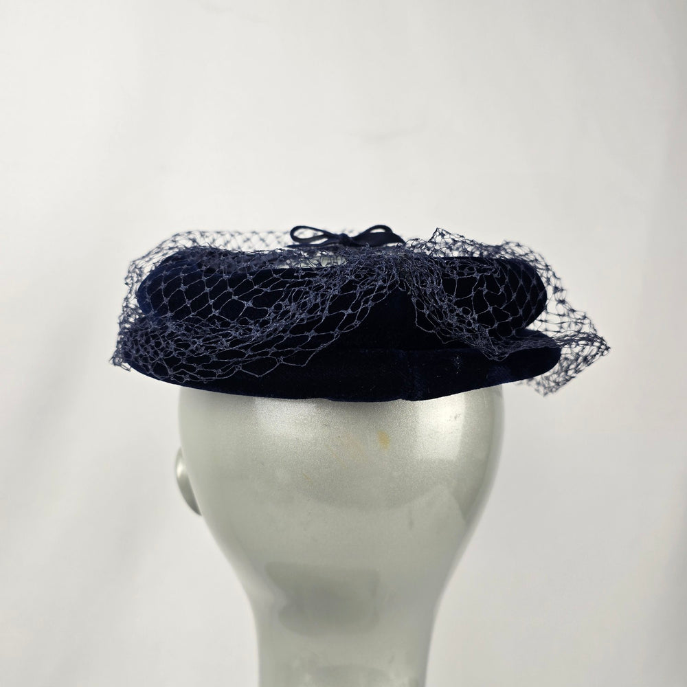 Vintage Navy Blue Velvet Pillbox Hat with Veil Bow Women's Cocktail Fascinator