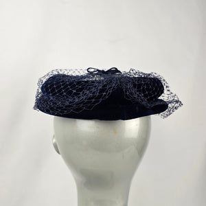 Vintage Navy Blue Velvet Pillbox Hat with Veil Bow Women's Cocktail Fascinator