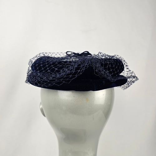 Vintage Navy Blue Velvet Pillbox Hat with Veil Bow Women's Cocktail Fascinator
