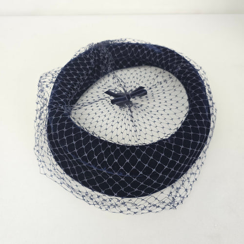 Vintage Navy Blue Velvet Pillbox Hat with Veil Bow Women's Cocktail Fascinator