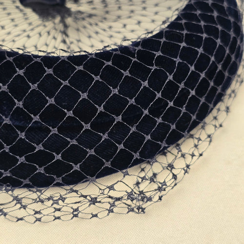 Vintage Navy Blue Velvet Pillbox Hat with Veil Bow Women's Cocktail Fascinator