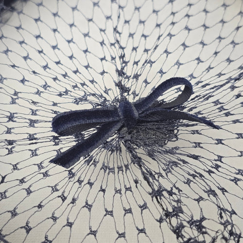 Vintage Navy Blue Velvet Pillbox Hat with Veil Bow Women's Cocktail Fascinator